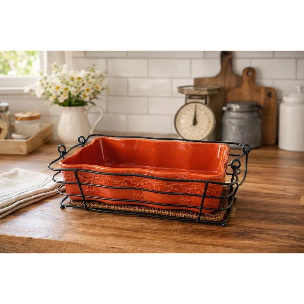 Temp-tations Red Fruit Basket 3 Pc Casserole Dish Set w Basket Trivet